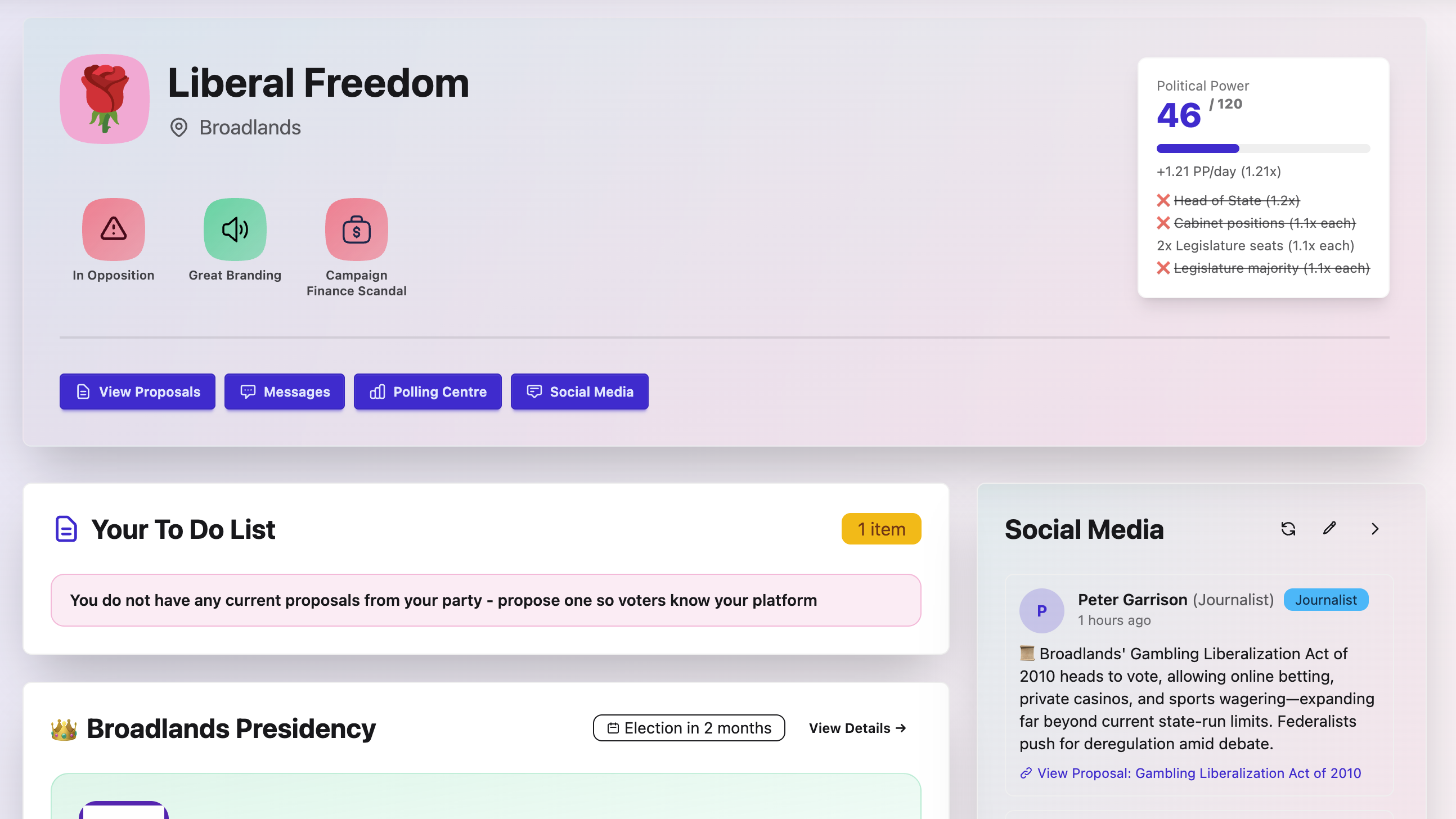 Party dashboard with political power, modifiers, and social media